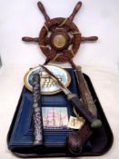 A tray containing miscellanea to include framed nautical prints, ships, wheel barometer,