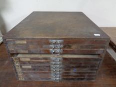 An early 20th century plywood horologist's table top chest (one drawer missing)