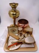 A tray containing a ten piece 20th century dressing table set together with a rose bowl and a brass