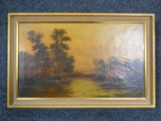 A JB Cook 19th century oil on canvas figure in rowing boat on river with dwelling beyond,