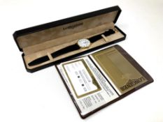 A gent's gold plated Longines Presence quartz wristwatch, in Longines box with paperwork dated 1988.