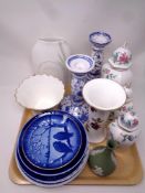 A tray containing assorted ceramics to include Aynsley Pembroke lidded cases, Delft candlesticks,