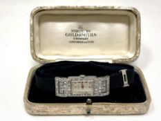 A lady's platinum and diamond set Solex rectangular cocktail wristwatch,