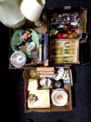 Three boxes containing miscellanea to include an Art Deco pottery bowl, stainless steel cutlery,