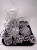 A tray containing assorted glassware to include a pair of Edinburgh crystal rose bowls,