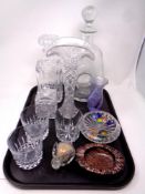 A tray containing assorted glassware to include decanters, Caithness vase, glass suites,