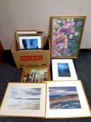 A box containing a large quantity of pictures and prints to include signed photographs,