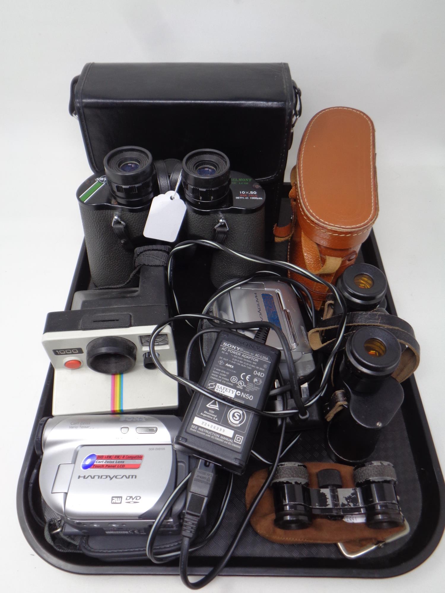A tray of cased Russian and Swift field glasses, Clement Gilmer pocket field glasses, handycam,