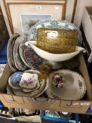 A box containing assorted antique and later ceramics together with a four piece amber glass trinket