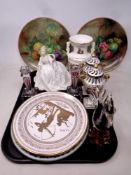 A tray containing Coalport Ladies of Fashion figure : The Ball, 1930's glass candlesticks,