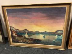 Continental school : Figure with a canoe, oil on canvas, 96 cm x 66 cm.