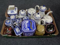 A box containing a large quantity of Ringtons Willow patterned china to include kitchen storage
