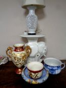 A quantity of ceramics to include a 19th century chamber pot, gilded vase on stand,