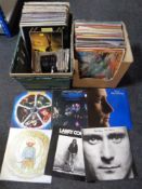 A crate and a box containing assorted vinyl LPs 7" singles to include Phil Collins, Talking Heads,