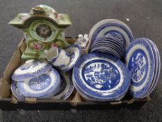 A box of late 19th century china mantel clock and a large quantity of willow pattern dinner ware