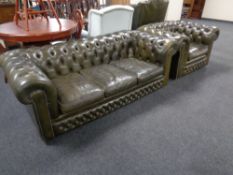 A Chesterfield club three seater settee and matching armchair upholstered in a green leather