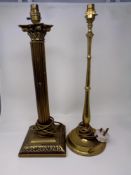 An antique brass Corinthian column table lamp together with a further brass table lamp.