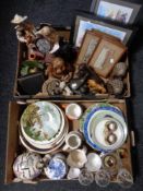 Two boxes containing assorted ceramics, glassware, wooden animal figures, framed pictures,