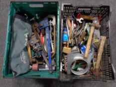 Two crates of assorted hand tools, brass dimmer switches,