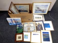 A box containing a large quantity of pictures and prints, framed photographs, needlework panels,