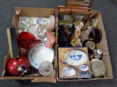 Two boxes containing miscellanea to include continental figurines, dressing table brushes,