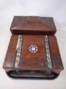 A tray containing a Victorian mahogany sarcophagus tea caddy together with a further Victorian