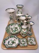 A tray containing seventeen pieces of Masons Chartreuse china to include vases, dishes, ashtrays,
