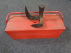 A metal concertina tool box together with a cast iron shoe last