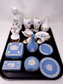 A tray of six pieces of Wedgwood Jasperware, ten further pieces of cabinet china including Aynsley,