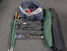 A British airways hold all containing six tripod stools in carry bags together with two further