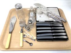 A tray of cased silver-handled butter knives, plated cutlery,