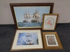 A Montague Dawson print depicting a sea battle together with a three further framed prints