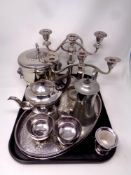A tray of silver plated candelabra, gallery tray,
