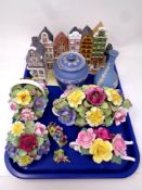 A tray containing assorted ceramics to include china flower posies, Wedgwood Jasperware,