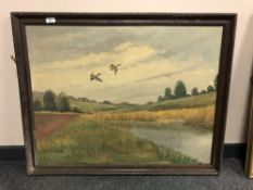 Continental school : Ducks in flight, oil on board, 85 cm x 65 cm.