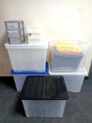 A quantity of plastic storage crates and baskets (some with lids) together with two miniature three