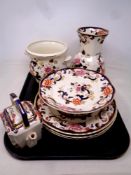 A tray containing eight pieces of Masons Mandalay china to include dinner plates, comports, kettle,