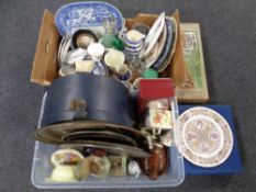 Two boxes of marble book ends, brass and copper trays, hat box, blue and white china,