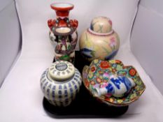 A tray containing early 20th century and later Oriental export wares to include crackle glaze vase,