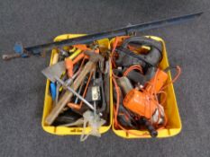 Two crates of assorted hand tools, power tools, sash clamp,