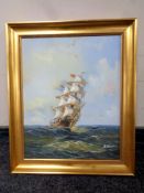 A oil on canvas of a Tall ship at full sail,