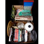 Two boxes containing miscellanea to include kitchenalia, cooking books, vintage Moulinx mixer,