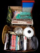 Two boxes containing miscellanea to include kitchenalia, cooking books, vintage Moulinx mixer,