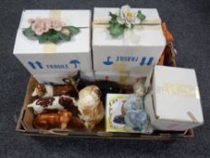 A box containing assorted ceramics to include five boxed Capodimonte flowers,