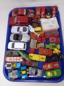 Tray of 20th century play worn Matchbox and others toy model cars.