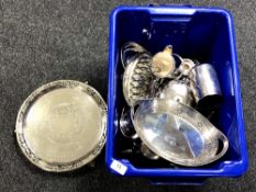 A box of miscellaneous plated wares including teapots, toast rack, salver,