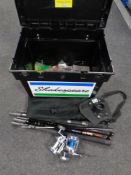 A Shakespeare fishing box containing beach casting rod, Shakespeare reels, line, lures,