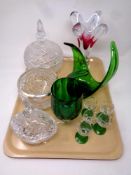 A tray containing assorted glassware to include Bohemian crystal vase, two-tone glasses,