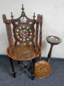 A copper topped folding table on barley twist stand,