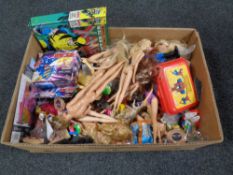 A box containing assorted toys to include dolls, Disney infinity, Spider man lunch box,